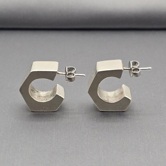 Sterling Silver Geometric C-Hoop Earrings Bold .75" Modern Hexagon Design - Picture 2 of 13